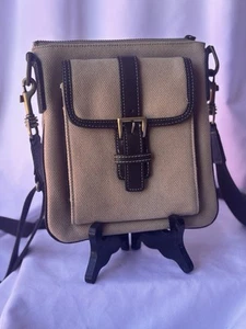 Eddie Bauer Tan Canvas Crossbody Bag w/ Dark Brown Leather Trim - Picture 1 of 5