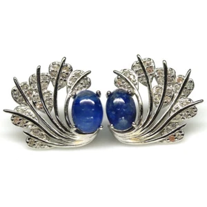 925 Sterling Silver 5 x 7 mm. Blue Sapphire & Zircon Earrings White Gold Plated - Picture 1 of 4