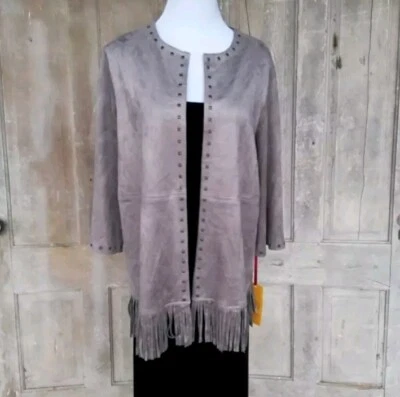 Ruby Rd. Faux Suede Fringe Jacket Boho Cardigan Women's Size 10 - Image 1 of 4