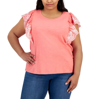 Tommy Hilfiger Cotton Embroidered Flutter Sleeve Top Coralie Plus Size 2X - Image 1 of 2