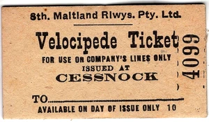 Railway ticket: Australia: South Maitland Railways, Pty., Velocipede, Cessnock. - Picture 1 of 1