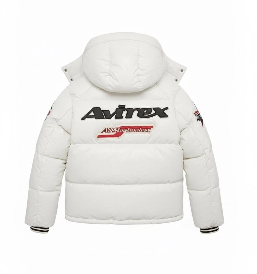 Chaqueta de cuero blanca Avirex Puffer marrón con capucha bombardero Avirex chaqueta de piloto Foto 1 de 4