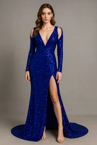 BRAND NEW- FASHION NOVA BLUE SEQUIN FORMAL LONG SLEEVE PLUNGE NECK TRAIN SIZE XS - Picture 1 of 11