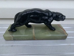 Antique French European Art Deco Metal sculpture Panther Leopard Green Onyx Base - Picture 1 of 9