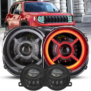 9" LED HALO RGB HEADLIGHTS + FOG LIGHT COMBO For Jeep Renegade 2015-2023 - Picture 1 of 12