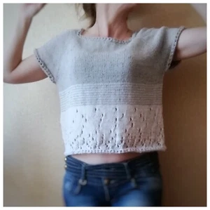 Women Grey Cotton Crop Top Tweed Summer Sweater Striped T-Shirt Knitted Handmade - Picture 1 of 12