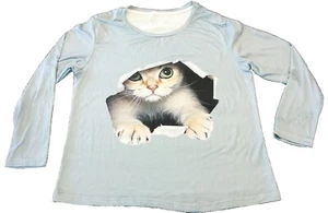 Damen-T-Shirt neu ohne Etikett XL langärmelig seidig Breakout Katze Grafik vorne & hinten - Bild 1 von 6