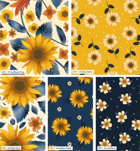 Crafts Fabric Golden Sunflowers Ditsy Black White Yellow 112cm Cotton Fabric - Picture 1 of 6