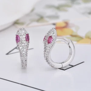 Awesome Snake Design Simulated Sapphire & Pink Ruby Eyes Women's Stud Earrings - Picture 1 of 5