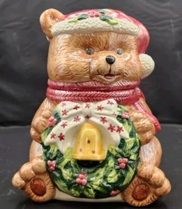 Rare Vintage World Bazzar Teddy Bear With Wreath & Bell Cookie Jar Container - Picture 1 of 6