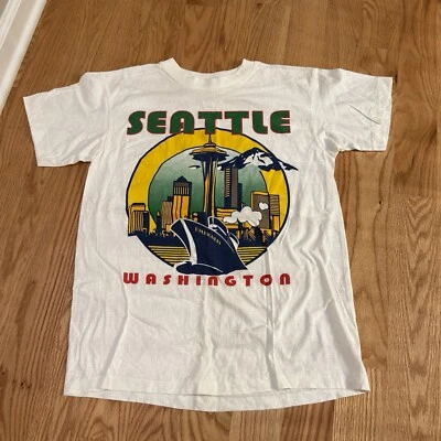 Camisa blanca vintage años 80 Seattle Washington puntada única para hombre talla L estampado grande Foto 1 de 4