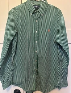 Camisa Polo Ralph Lauren Para Hombre Ajuste Personalizado Abotonada Verde Blanco Rayas ~ L ~ - Imagen 1 de 4