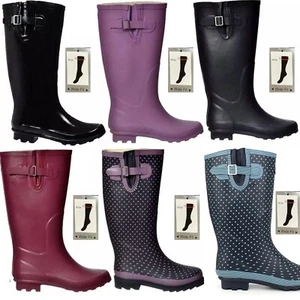 DAMEN EXTRA WEITES WADENBEIN SCHWARZ LACK GUMMISTIEFEL WASSERDICHT STIEFEL 3-9 - Bild 1 von 41
