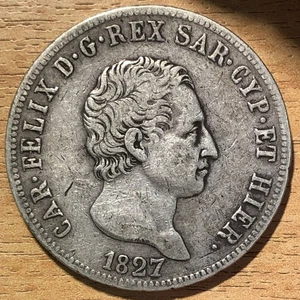 Italie Piémont-Sardaigne 1827 5 lires - Foto 1 di 2