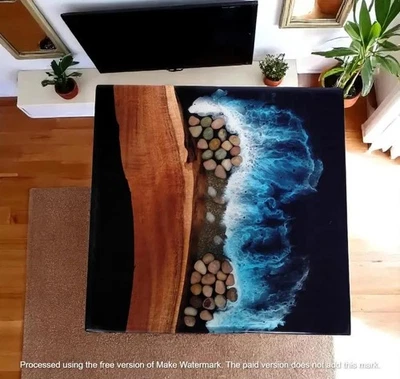 Mesa de centro cuadrada Ocean de resina epoxi barra de diseño ondulado de madera de acacia natural Foto 1 de 4