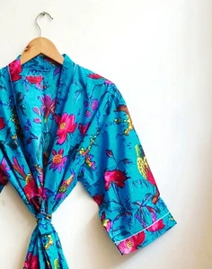 Cotton Long Kimono Turquoise Bird Print Women's Indian Nightwear Robe Gown Dress - Picture 1 of 4