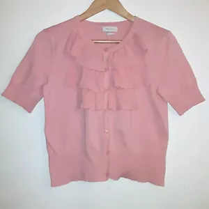 Van Heusen Womens Sweater Top Sz Medium Short Sleeve Button Front With Ruffles - Picture 1 of 11