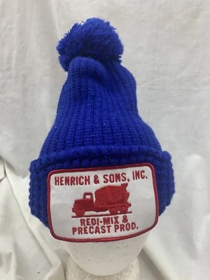 vintage Blue stocking hat pom ski retro tuque cap Henrich & Sons Redi Mix Patch - Image 1 of 4