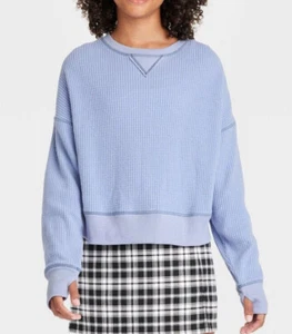 Girls' Oversized Long Sleeve Waffle T-Shirt art class Light Blue S M L XXL - Picture 1 of 4