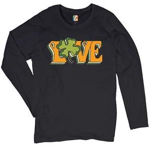 LOVE Women's Long Sleeve T-shirt Irish Shamrock St Patrick's Day Holiday Clover - Picture 1 of 29