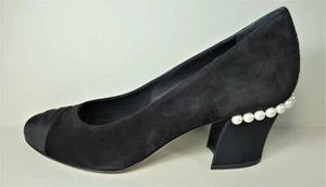 CHANEL 38 Black Suede Pearls Medium Stacked Heels Grosgrain Cap Toe CC Pumps NEW - Picture 1 of 11