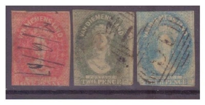 Van Diemens Land QV 1857 1d red, 2d green, 4d blue imperf. Used — 第 1/2 张图片
