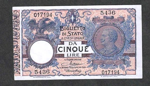 (1922) ITALIA 5 LIRAS ~ BIGLIETTO DI STATO ~ P-23f ~ BONITO SIN CIRCULAR - Imagen 1 de 2