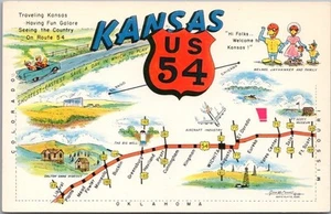 Mapa postal de saludos firmada por el artista GENE McCONNELL 1958 Kansas U.S. Highway 54 - Imagen 1 de 2
