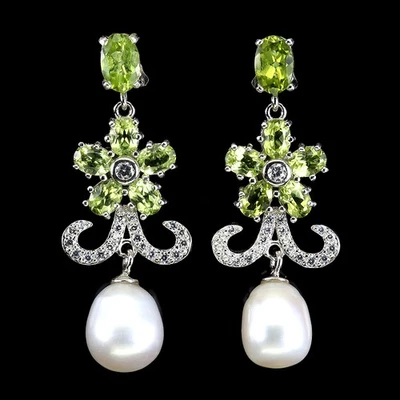 925 Sterling Silver Earrings Oval Peridot Mop Natural Gemstone Jewelry - Image 1 of 4