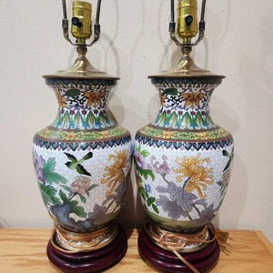 Vintage Set Of 2 Cloisonne Table Lamp, Floral Bird, Brass Accents, 26" Tall - Picture 1 of 18