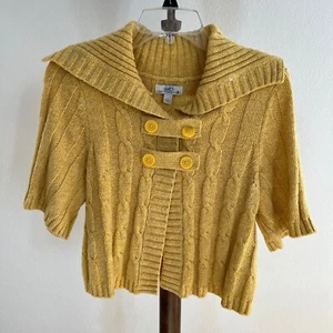 SO Sz L Maize Wool Blend Marled Knit Cable Collared V-Neck Short Sleeve Cardigan - Picture 1 of 10