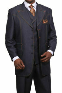 Men's Fashionable Denim Look Wool Feel Suit with Collared Vest Navy/Dark Blue 