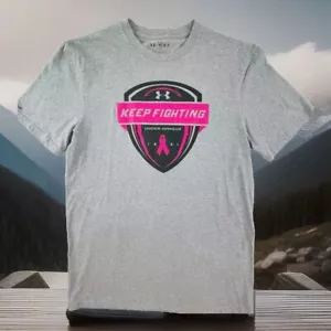 Under Armour Keep Fighting Pink Cancer Tee Gray Crew Neck HeatGear Size Medium - Picture 1 of 10