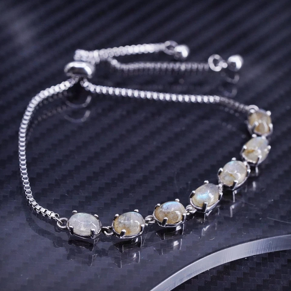 Size adjustable, sterling silver 925 box chain bracelet labradorite moonstone - Image 1 of 4