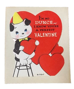 Vintage Die Cut Valentine Card 1950s Anthropomorphic Puppy Dunce Unused 986A - Picture 1 of 1