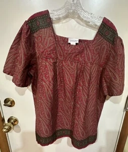 Country Store Maroon & Tan Paisley SS Peasant Top w/Floral Hem Design Size L - Picture 1 of 5