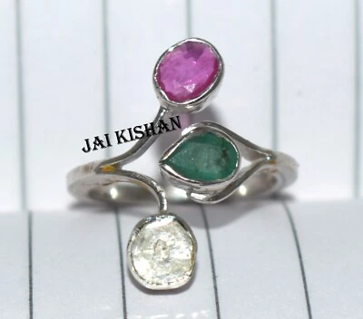 Hübscher Rubin Smaragd Edelstein Polki Diamant 925 Sterlingsilber Ring US 6.5 - Bild 1 von 4