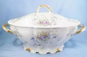 Theodore Haviland Tureen Covered Vegetable Dish Blue Purple Flower Green Leaves - Picture 1 of 9