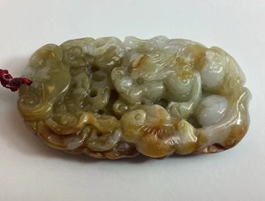 Brown Color Jadeite Foo Dog, Lucky Coins, & Undersea Translucent Pendant - Picture 1 of 15