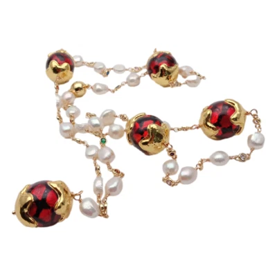 文化白色巴洛克珍珠Cz铺念珠链红色穆拉诺玻璃长项链 — 第 1/4 张图片