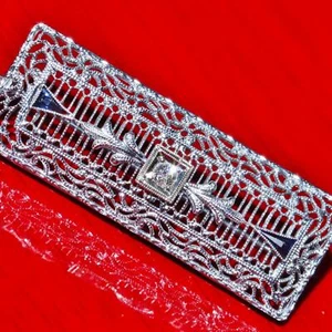 14k white gold brooch 0.29ct diamond sapphire pin 1890s antique 3.69gr N2931B - Picture 1 of 12