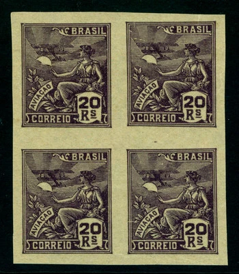 BRAZIL 1929 AVIATION 20r violet Sc# 238  IMPERFORATED  BLOCK of 4 - no watermark - Image 1 of 2