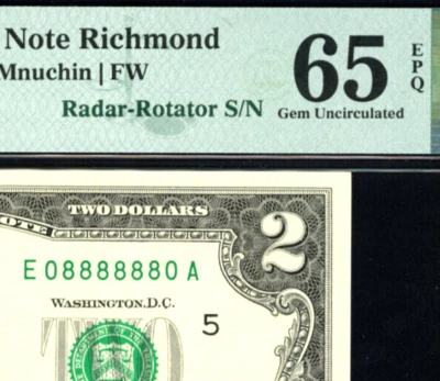 $2 FANCY RADAR # 08888880 binary serial number PMG 65 EPQ / 2017A / non star - Image 1 of 3