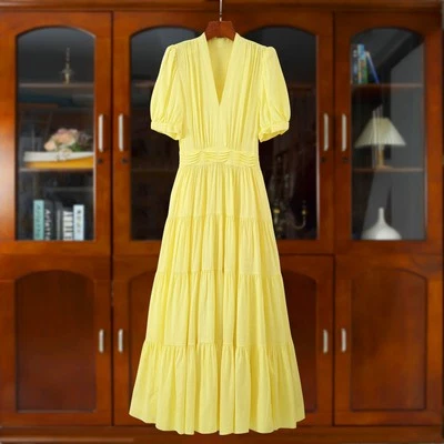 Nuevo Vestido Largo Mujer Británico Manga Corta Abullonada Cuello en V Línea A Lino Plisado OL Foto 1 de 4