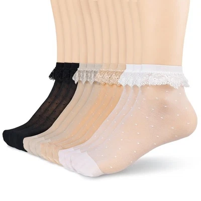 12 pares de calcetines transparentes con volantes de encaje para mujer - lindos volantes medias verano ultr... Foto 1 de 4