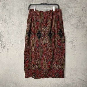 Vintage 90s Paisley Midi Skirt Large Boho Dark Academia Fall Red Green Earthy - Picture 1 of 6