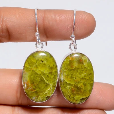 Serpentine Gemstone Fashion Jewelry 925 Silver Dangle Earrings 1.8" ARE-5582 - Image 1 of 3