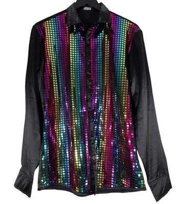Shirt Top Sequin Rainbow Size S Black Satin Long Sleeve Christmas Party Jogal - Image 1 of 4
