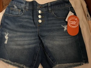 WONDER NATION GIRLS MIDI DISTRESSED Button Fly DENIM SHORTS BLUE SIZE M (7-8) - Picture 1 of 8