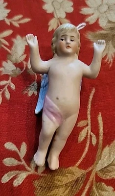Antique Christmas Ornament Cherub Angel Bisque Handpainted  Germany 1890s 3 1/2" - Image 1 of 4